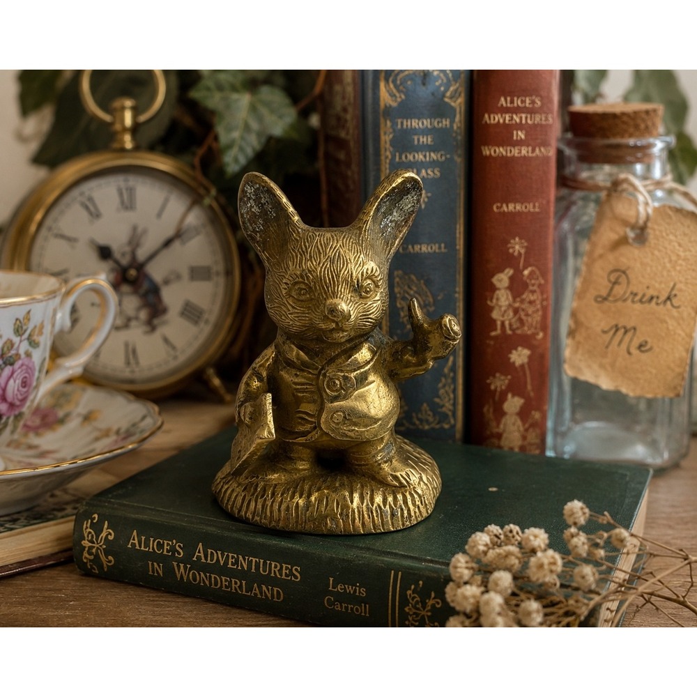Vintage Brass Rabbit Figurine Holding Book Storybook Cottagecore Decor